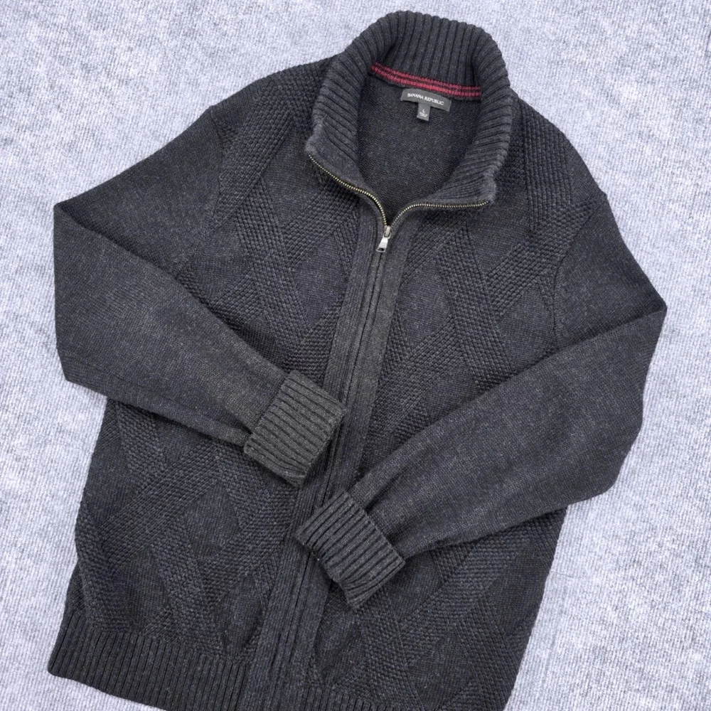 Banana Republic Mens Charcoal Black Merino Wool Blend Full Zip Sweater Size L